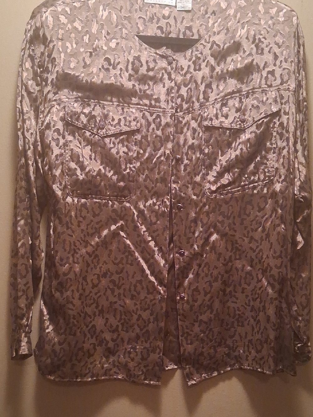 Liz Claiborne Brown and Taupe Leopard Satin Blouse W Shoulder Pads Size 8